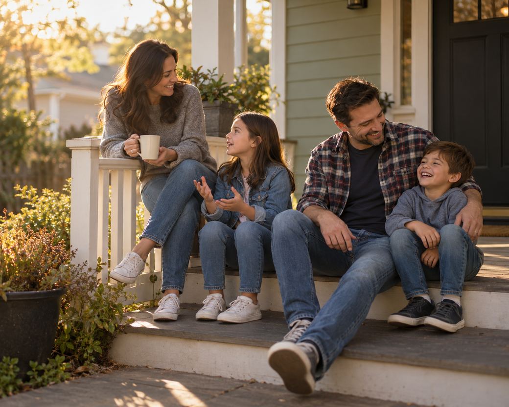 A family of four sitting together on their front porch steps in the evening sun